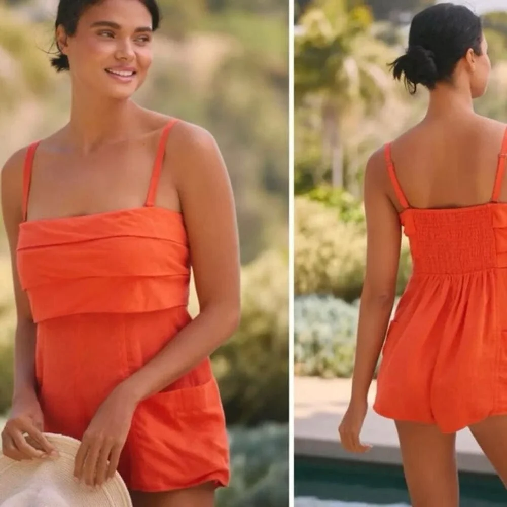 NWT Anthropologie Sz M Orange Tiered Ruffle Smocked Linen Side Pocket Romper
